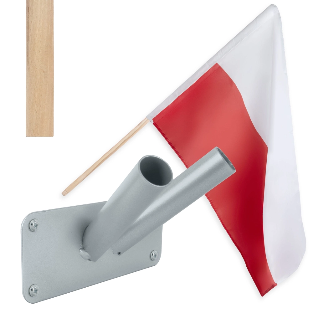 Zestaw: Uchwyt podwójny na flagi srebrny + flaga POLSKI 110x70 + styl 120