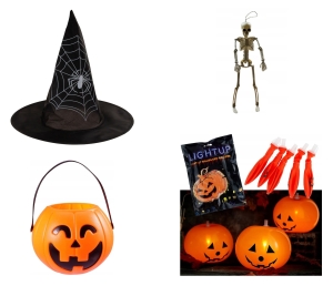 HALLOWEEN-SET HUT EIMER KÜRBIS LUFTBALLONS SKELETOR
