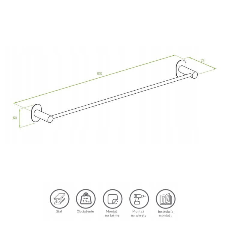 Rysunek Techniczny Wieszak ścienny 61 cm na ręcznik - łazienkowy - kolor: ZŁOTY