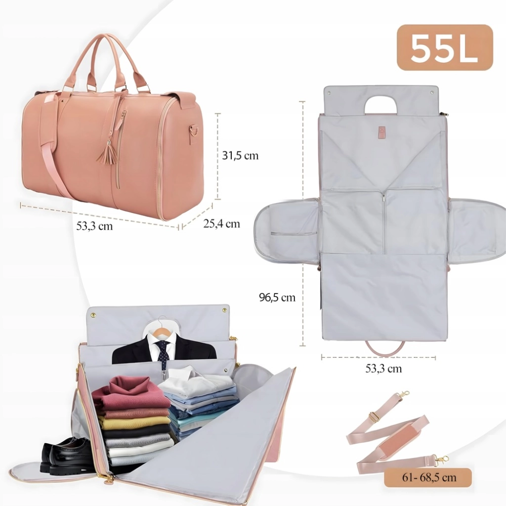 TORBA PODRÓŻNA SKŁADANA BIZNESOWA NA SUKIENKĘ GARNITUR 2W1 55L RÓŻOWA