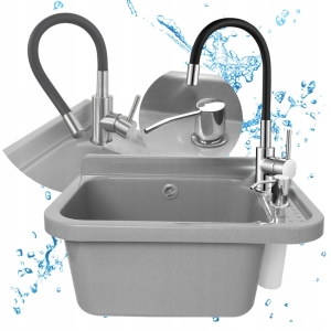 GRAUES SPÜLBECKEN 60 CM SET FLEXIBLER WASSERHAHNSPENDER