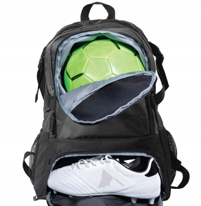 Fußball-Trainingsrucksack, Sporttasche mit Ballfach und Schuhen, Schwarz