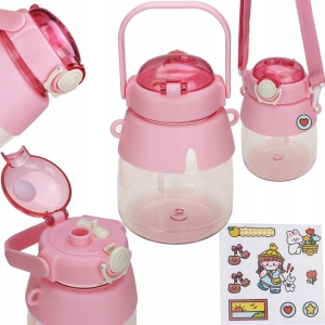 Flasche mit Leine für Kinder, Schulwasserflasche mit Strohhalm, 1 l, Rosa