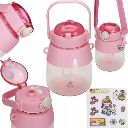 BIDON ZE SMYCZĄ DLA DZIECI BUTELKA SZKOLNA NA WODĘ ZE SŁOMKĄ 1L RÓŻOWY