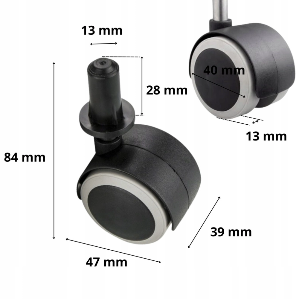 KÓŁKO OBROTOWE GUMOWANE Z BOLCEM 40 MM DO KRZESŁA STOLIKA KAWOWEGO CZARNE
