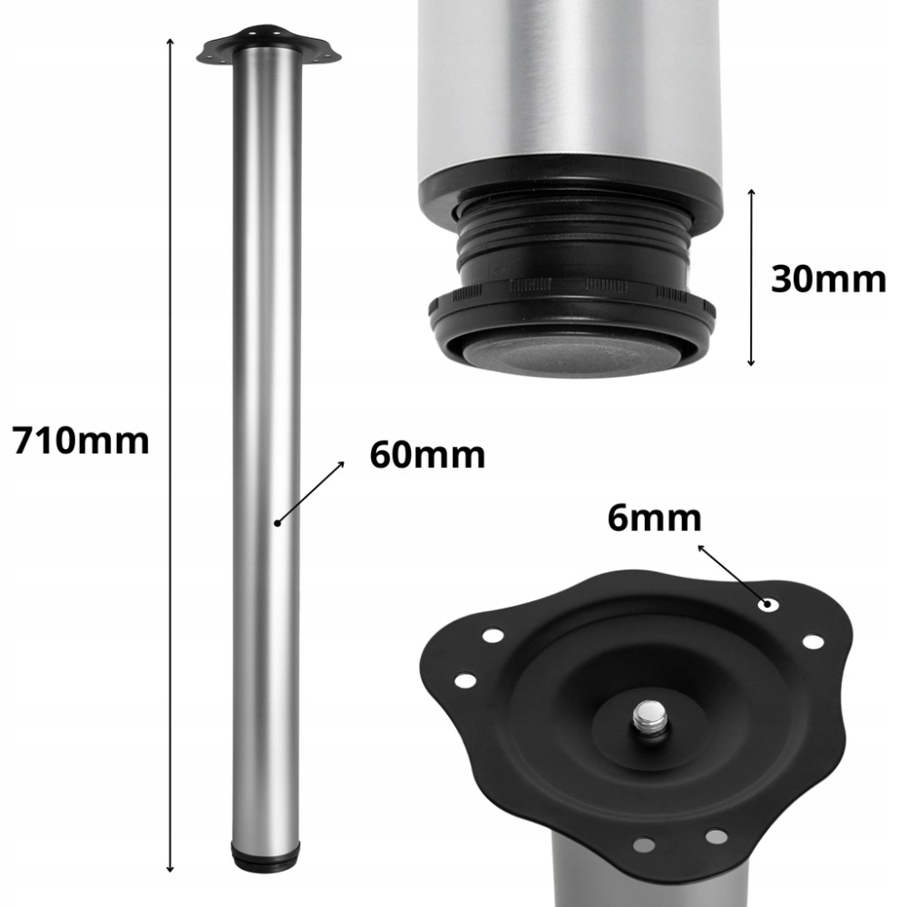 NOGA MEBLOWA ZESTAW 4 NÓG FI 60 MM DO STOŁU BLATU 71 CM OKRĄGŁA ALUMINIUM