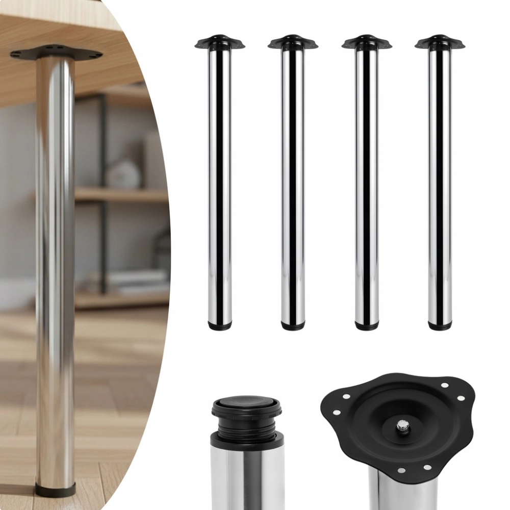 KOMPLET NÓG MEBLOWYCH FI 60 DO BLATU NOGA DO MEBLI 71 CM 4 SZT METAL CHROM
