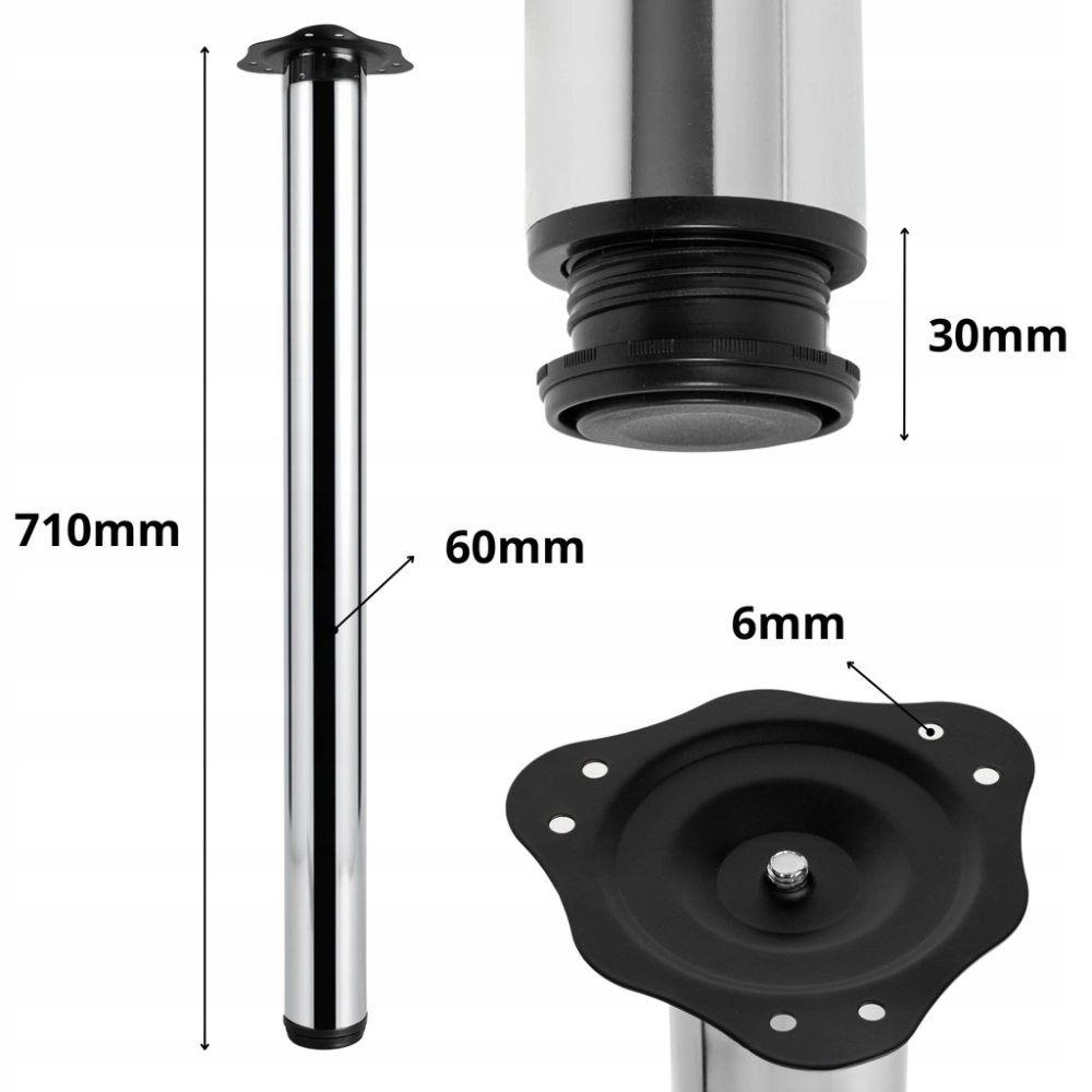 KOMPLET NÓG MEBLOWYCH FI 60 DO BLATU NOGA DO MEBLI 71 CM 4 SZT METAL CHROM