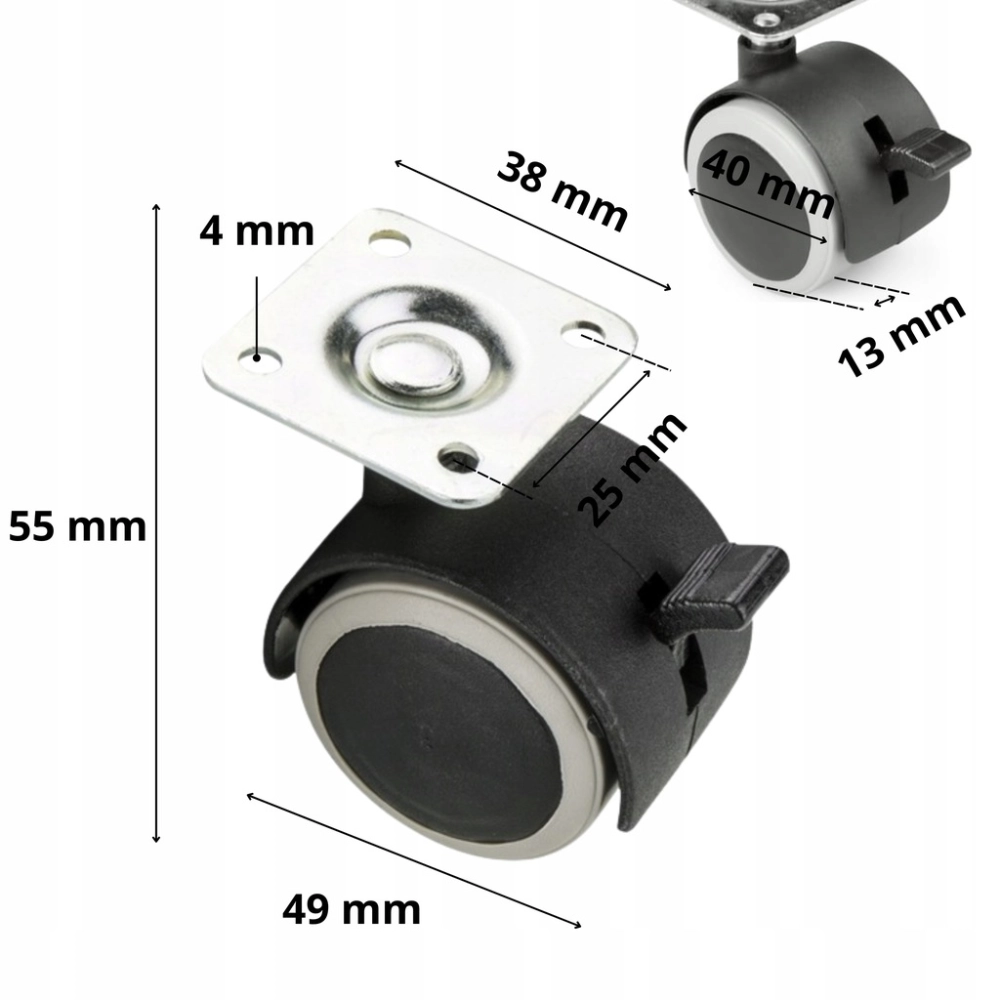 KOMPLET 4 KÓŁEK OBROTOWYCH GUMOWANYCH Z HAMULCEM FI 40 MM DO KRZESŁA SZAFKI
