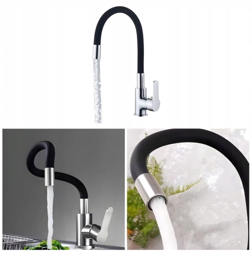 BATERIA KUCHENNA ZLEWOZMYWAKOWA STOJĄCA CZARNA KRAN Z ELASTYCZNĄ WYLEWKĄ