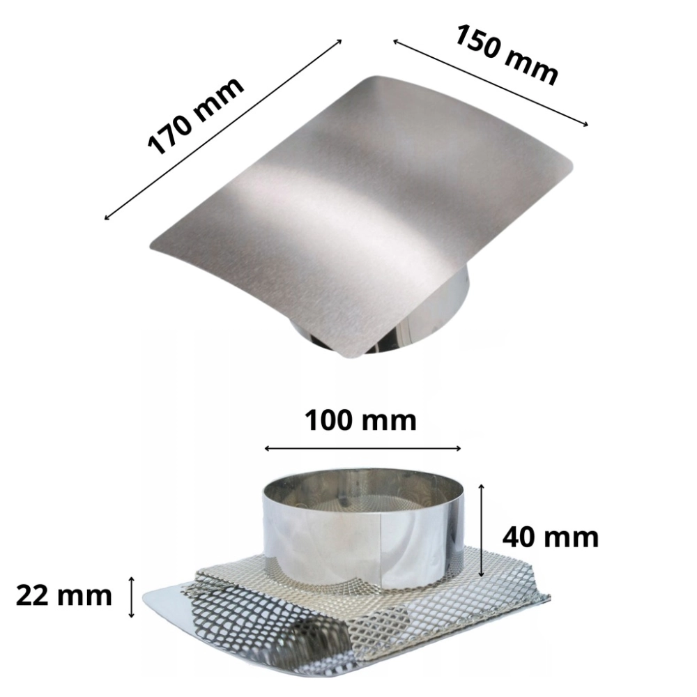 KRATKA WENTYLACYJNA NIERDZEWNA WYPUKŁA 170 x 150 mm FI 100 mm INOX Z SIATKĄ