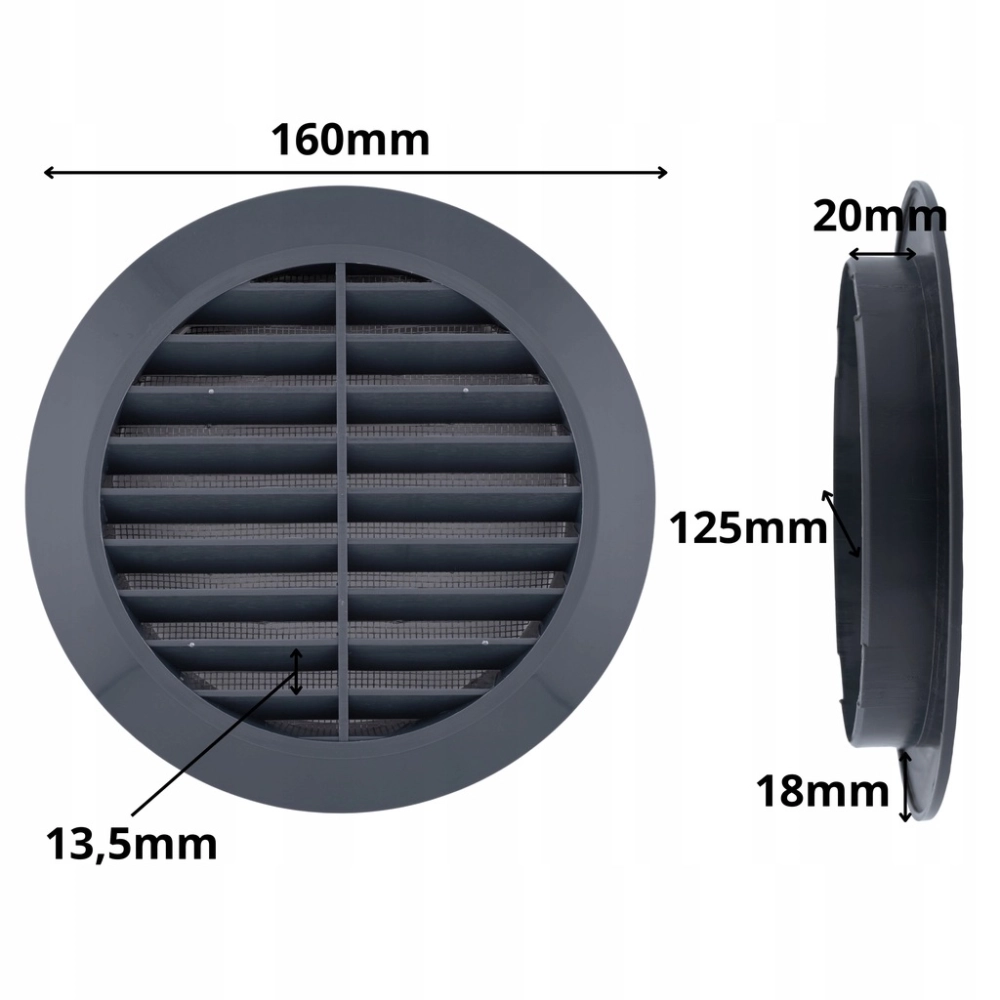KRATKA WENTYLACYJNA OKRĄGŁA PLASTIKOWA FI 125 mm Z SIATKĄ GRAFITOWA