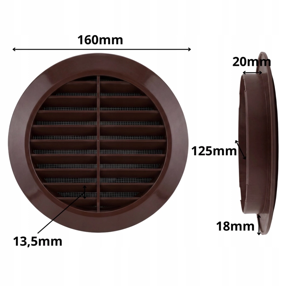 KRATKA WENTYLACYJNA OKRĄGŁA PLASTIKOWA FI 125 mm Z SIATKĄ BRĄZOWA