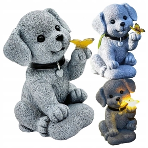 Solar-Gartenlampe, dekorativer Hund mit Schmetterling, LED-Ornament