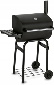 GROSSER SCHWARZER GARTENGRILL AUS HOLZKOHLE MIT DECKEL, ABSTELLPLATTE, ASCHESCHALE UND THERMOMETER