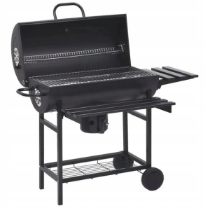 GROSSER SCHWARZER GARTENGRILL AUS HOLZKOHLE MIT DECKEL, ABSTELLPLATTE, ASCHESCHALE, THERMOMETER UND RÄDERN