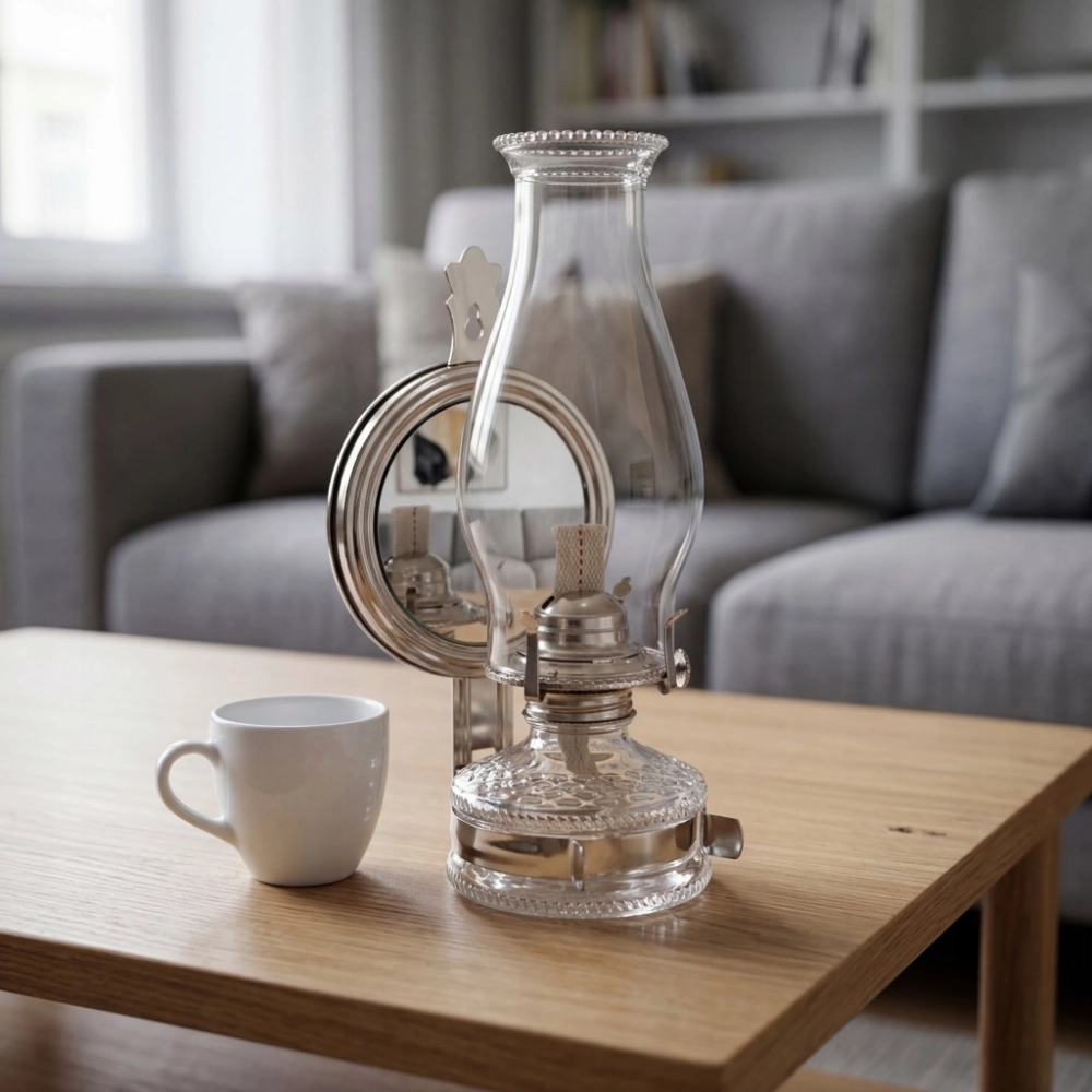 LAMPA NAFTOWA 31 cm Z LUSTREM MAXI LATARNIA DOMOWA OGRODOWA NIKIEL