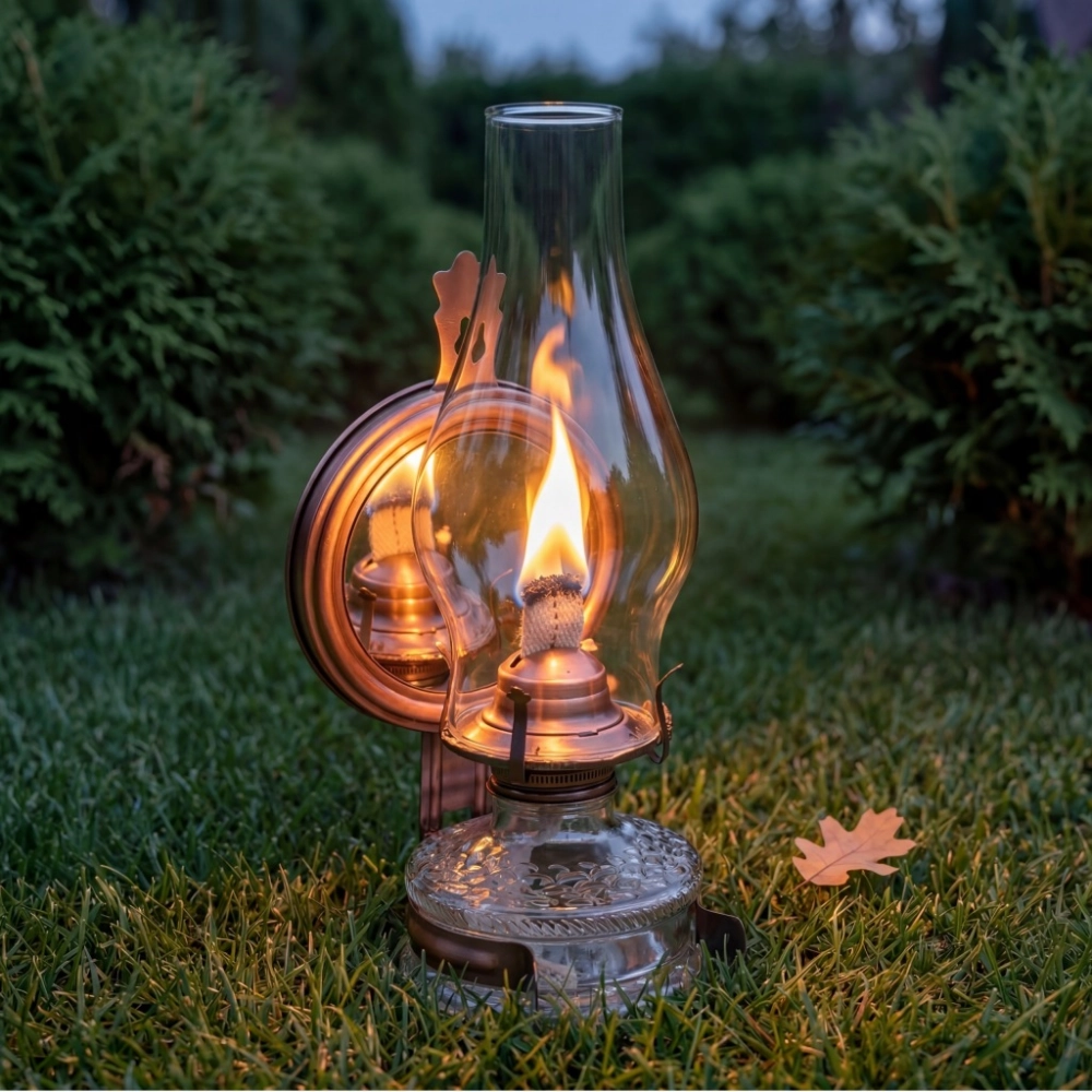 LAMPA NAFTOWA 31 cm Z LUSTREM LATARNIA DOMOWA OGRODOWA STARY MIEDŹ