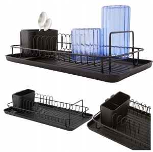 Einstöckiger, freistehender Geschirrtrockner mit Abtropffläche, schwarz, großer Behälter