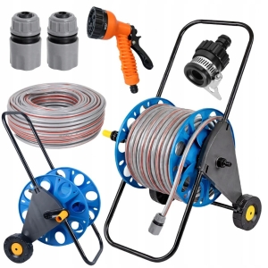 Ständer, Gartenschlauchwagen, Schlauchtrommel, Trommel + Schlauch 50 m, Pistole, Verbindungsstücke, Set