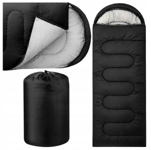 2-in-1 Mumien-Touristenschlafsack 210x75cm mit warmer Kapuze und Staubschutzbezug, schwarz
