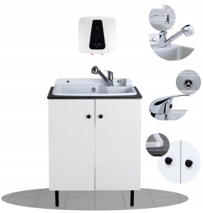 Hauswirtschaftsset bestehend aus weißem Schrank, Warmwasserbereiter, elegantem Tank und Wasserspender