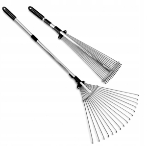 Metallener Gartenrechen, fächerförmig, für Laub und Gras, mit verstellbarem Griff