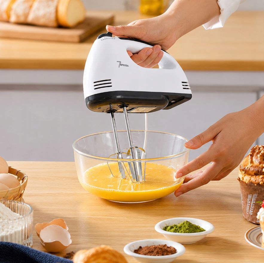 ROBOT KUCHENNY MIKSER RĘCZNY MOCNY Z STALOWĄ MISĄ 7 PRĘDKOŚCI 100W KOŃCÓWKI