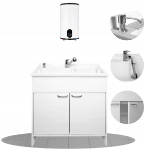 Hauswirtschaftsset für den Keller: Heizraumschrank, Spüle, Wasserhahn, Warmwasserbereiter