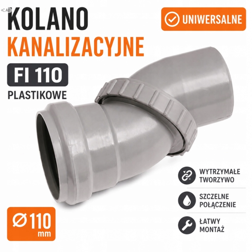 KOLANO KANALIZACYJNE UNIWERSALNE DO RUR FI 110 PLASTIKOWE REGULOWANE