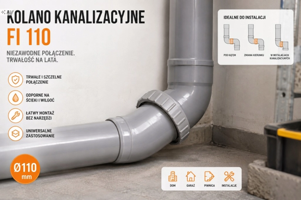 KOLANO KANALIZACYJNE UNIWERSALNE DO RUR FI 110 PLASTIKOWE REGULOWANE
