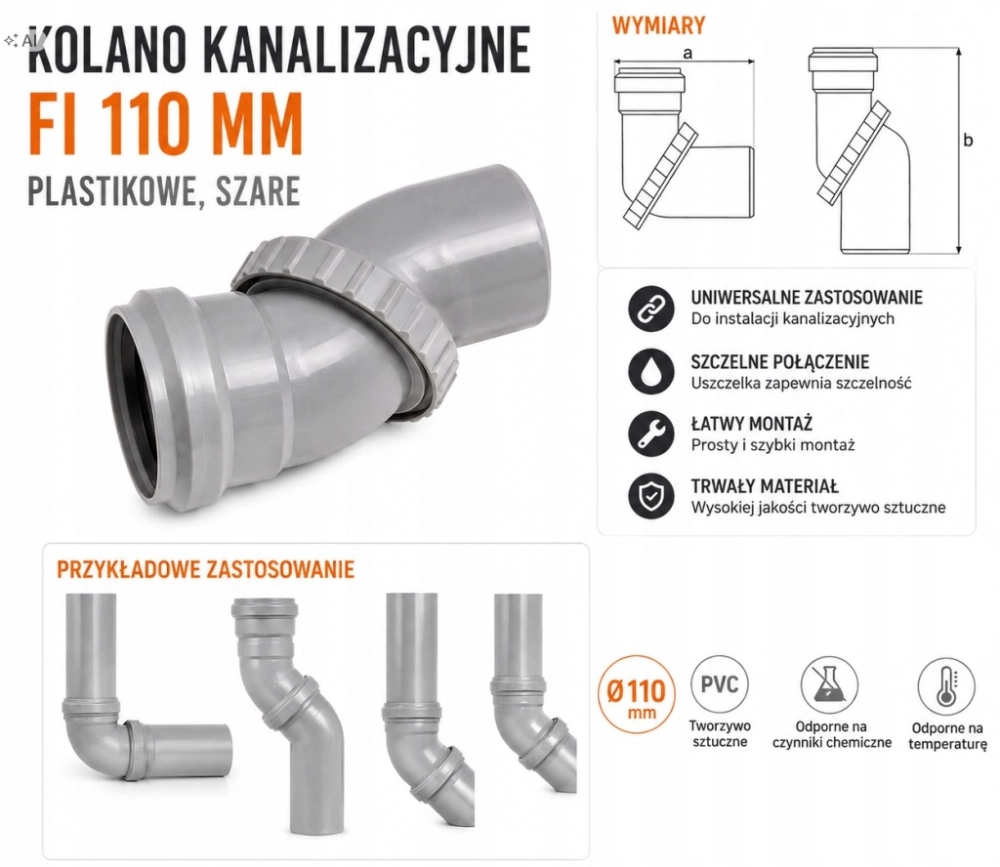 KOLANO KANALIZACYJNE UNIWERSALNE DO RUR FI 110 PLASTIKOWE REGULOWANE