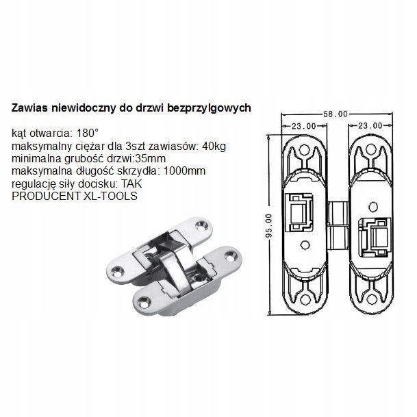 ZAWIAS WPUSZCZANY NIEWIDOCZNY 23x95mm LEWY CHROMOWANY DO DRZWI