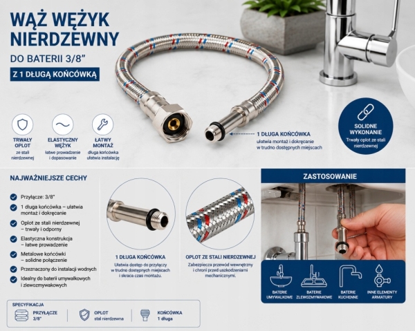 WĄŻ WĘŻYK NIERDZEWNY DO BATERII 3/8 Z DŁUGĄ KOŃCÓWKĄ 50 cm W OPLOCIE