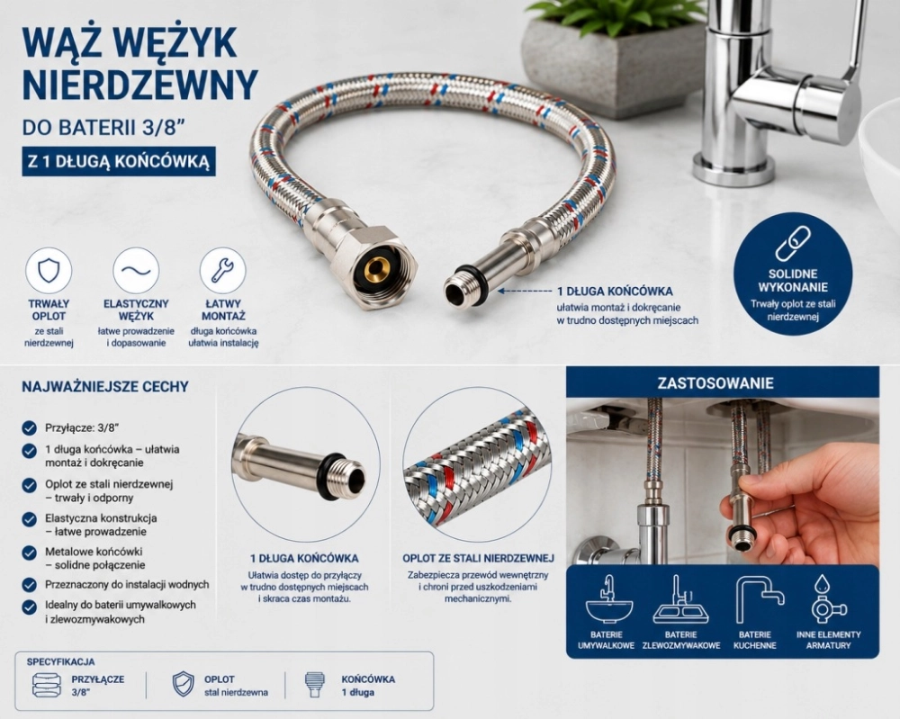 WĄŻ WĘŻYK NIERDZEWNY DO BATERII 3/8 Z DŁUGĄ KOŃCÓWKĄ 80 cm W OPLOCIE
