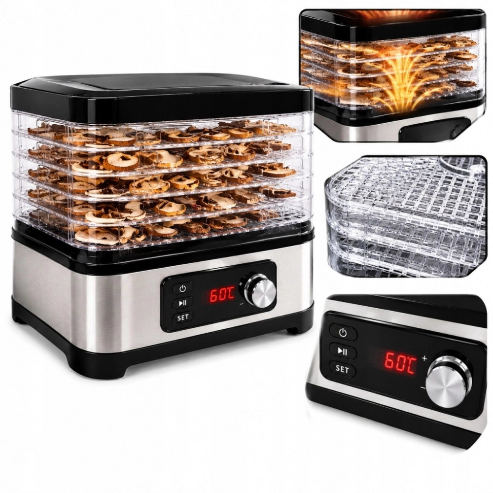 SUSZARKA DO GRZYBÓW OWOCÓW SPOŻYWCZA REGULACJA TEMPERATURY TIMER 500W 6 SIT