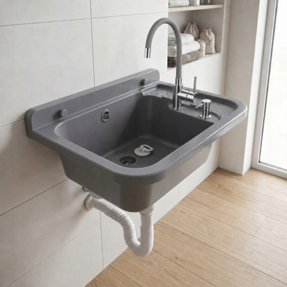 ZLEW KOMORA GOSPODARCZA 60 cm KOMPLET BATERIA ELASTYCZNA SZARA DOZOWNIK