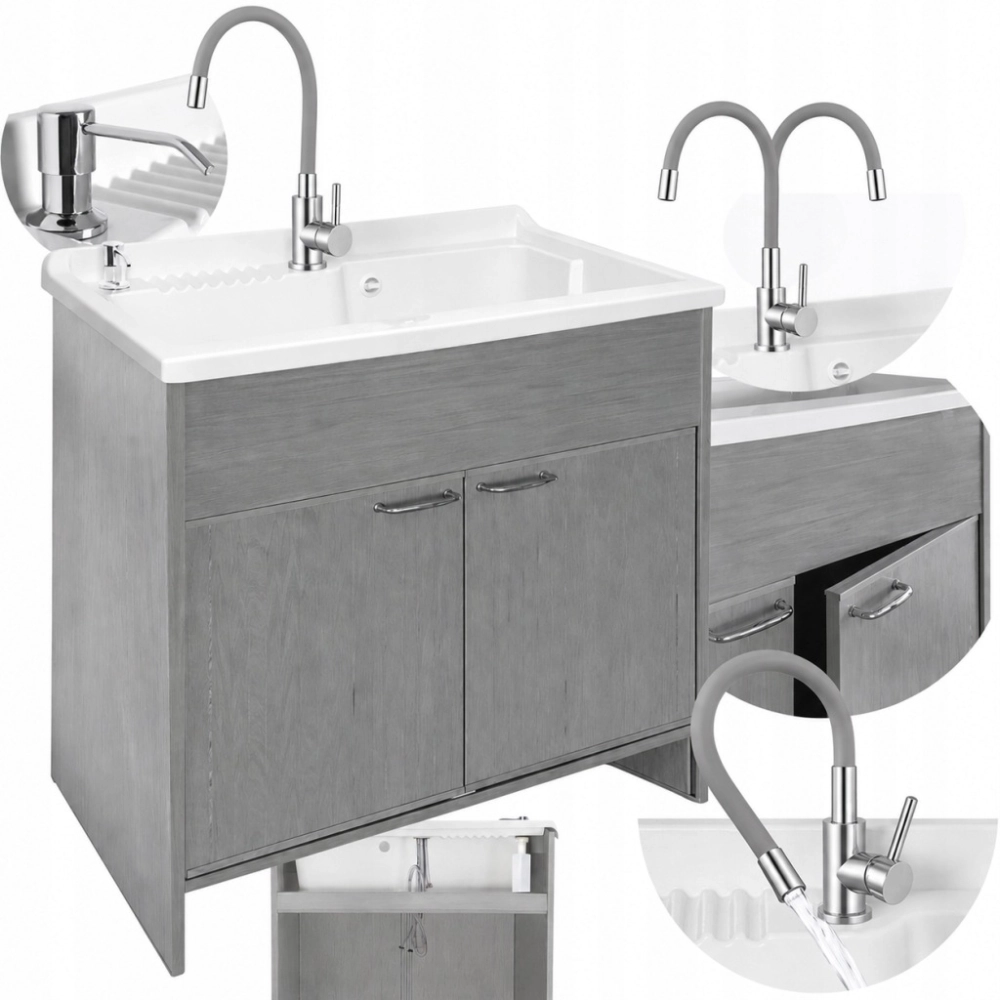 ZLEW GOSPODARCZY SZAFKA 80x50 BATERIA ELASTYCZNA SZARA DOZOWNIK KOMORA