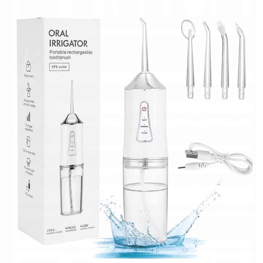 IRYGATOR DO ZĘBÓW DENTYSTYCZNY BEZPRZEWODOWY 4 KOŃCÓWKI 3 TRYBY 230 ml USB