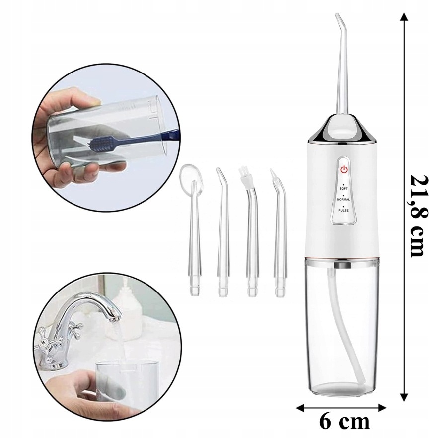IRYGATOR DO ZĘBÓW DENTYSTYCZNY BEZPRZEWODOWY 4 KOŃCÓWKI 3 TRYBY 230 ml USB