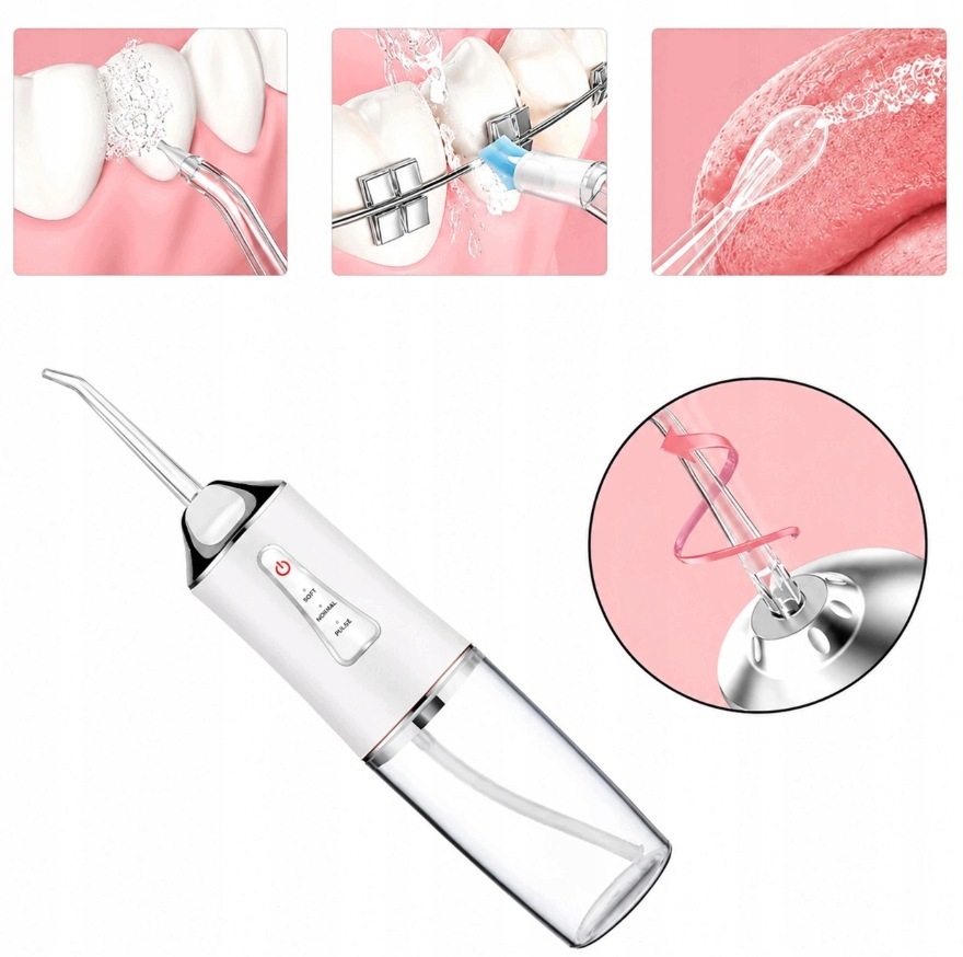 IRYGATOR DO ZĘBÓW DENTYSTYCZNY BEZPRZEWODOWY 4 KOŃCÓWKI 3 TRYBY 230 ml USB