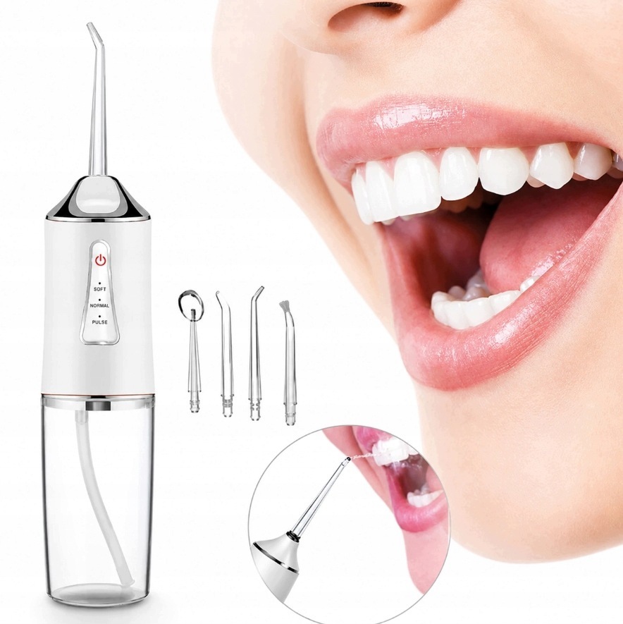 IRYGATOR DO ZĘBÓW DENTYSTYCZNY BEZPRZEWODOWY 4 KOŃCÓWKI 3 TRYBY 230 ml USB