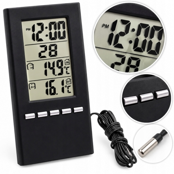 TERMOMETR ELEKTRYCZNY 6 FUNKCYJNY ZEGAR TEMPERATURA KALENDARZ CZARNY