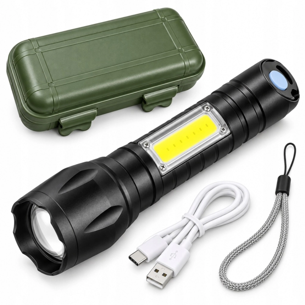 LATARKA TAKTYCZNA MOCNA LED COB USB WOJSKOWA AKUMULATOROWA ETUI LAMPKA ZOOM