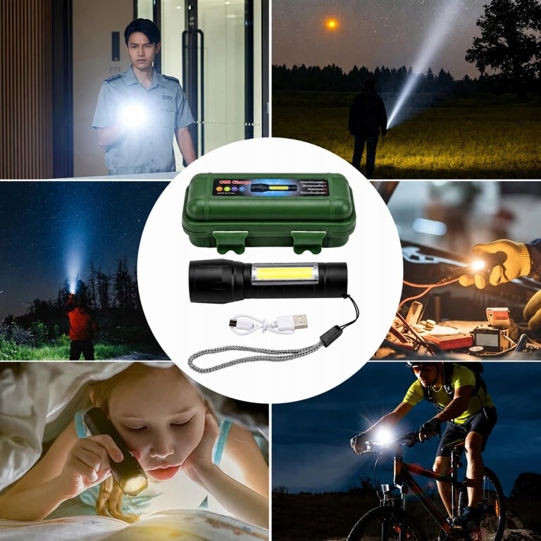 LATARKA TAKTYCZNA MOCNA LED COB USB WOJSKOWA AKUMULATOROWA ETUI LAMPKA ZOOM