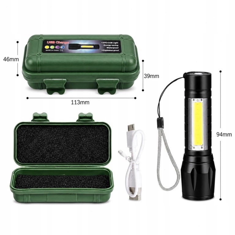 LATARKA TAKTYCZNA MOCNA LED COB USB WOJSKOWA AKUMULATOROWA ETUI LAMPKA ZOOM