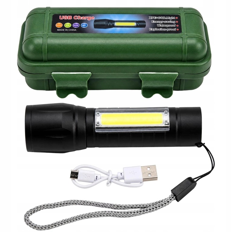 LATARKA TAKTYCZNA MOCNA LED COB USB WOJSKOWA AKUMULATOROWA ETUI LAMPKA ZOOM