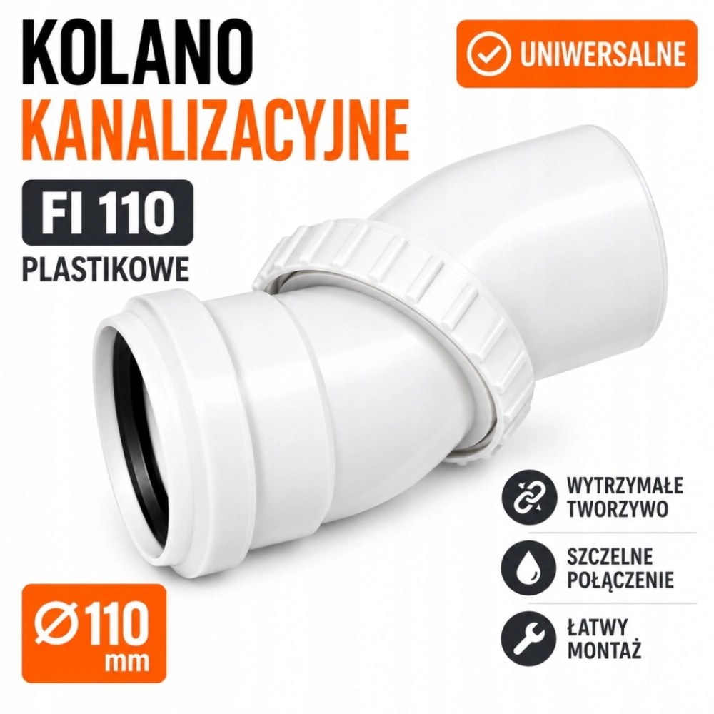 KOLANO KANALIZACYJNE UNIWERSALNE DO RUR FI 110 PLASTIKOWE REGULOWANE BIAŁE