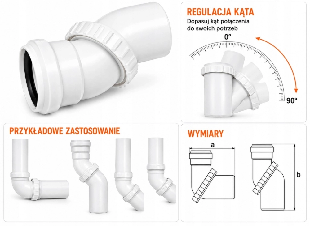 KOLANO KANALIZACYJNE UNIWERSALNE DO RUR FI 110 PLASTIKOWE REGULOWANE BIAŁE