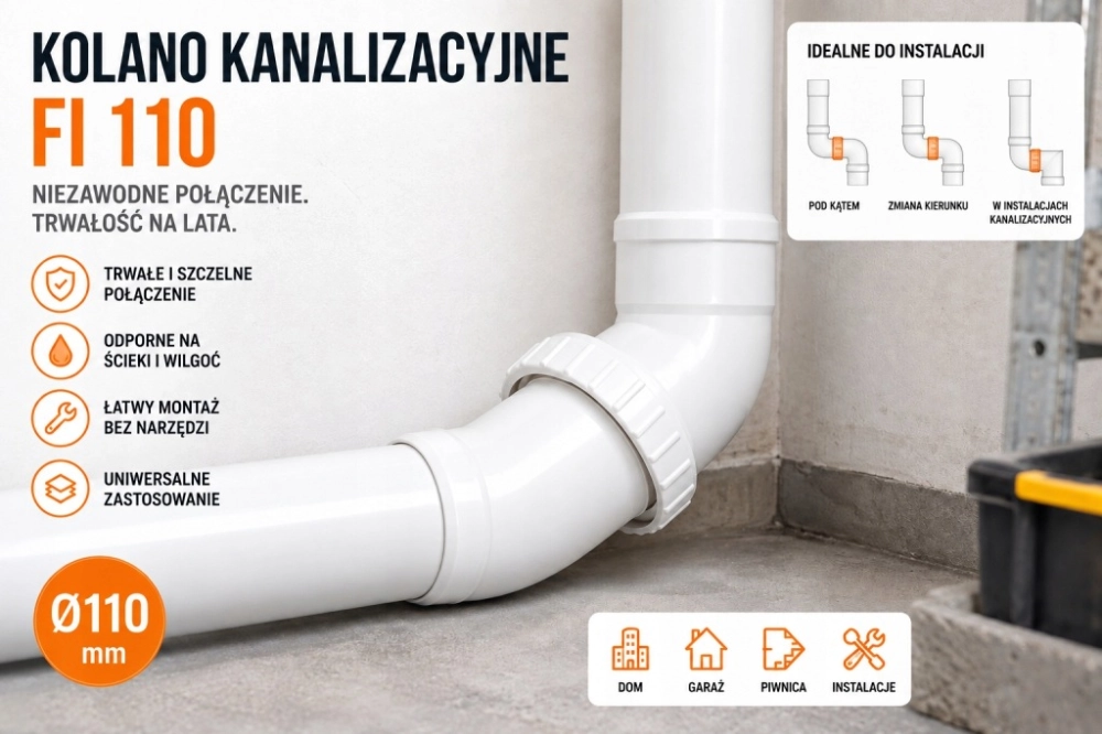 KOLANO KANALIZACYJNE UNIWERSALNE DO RUR FI 110 PLASTIKOWE REGULOWANE BIAŁE